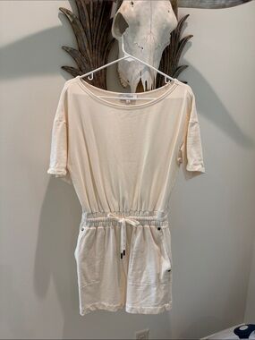 INTERMIX Cream Short-Sleeve Knit Romper with Drawstring
